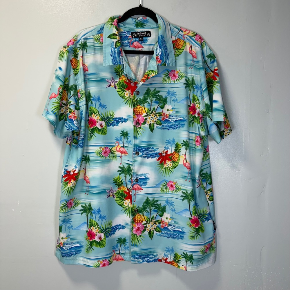 Island Haze Mens XL Tropical‎ Flamingo Pineapple Hibiscus Button Down Shirt Blue